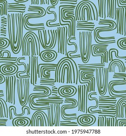 Abstract curved line pattern background.abstract doodle shapes collage.Cute geometric shapes and doodles repeating pattern on green with blue background.