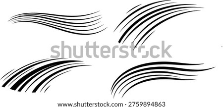 Abstract curved line wave set with flowing motion strokes. Dynamic swoosh lines representing speed, movement, and direction. Minimal black line elements for modern graphic and design projects. 