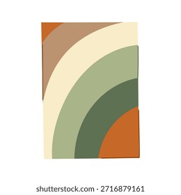 Abstractas líneas curvas que crean un efecto arcoíris minimalista, con una paleta de colores cálidos de marrón, beige, verdes y naranja, evocando una estética vintage y retro para el diseño contemporáneo