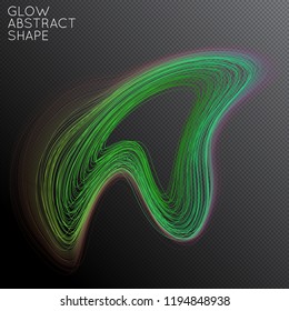 Abstract curved lines shape isolated on transparent black background. Bright colorful gradient blend creates liquid motion with transparent glow. Energy power plasma with futuristic edge blur effect.