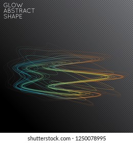 Abstract curved lines shape isolated on transparent black background. Bright colorful gradient blend creates liquid motion with transparent glow. Energy power plasma with futuristic edge blur effect.