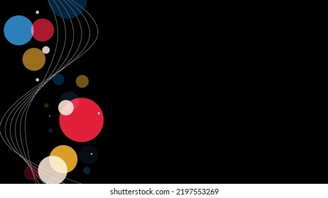 Abstract Curved Lines Wave and Colored Circle Lights, On Black Background