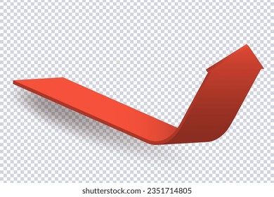 Abstract Curved Red Arrow. Market movements creative concept charts, infographics. Red curve arrow with shadow on transparent. Trading stock news impulses. Realistic 3d vector design of trend