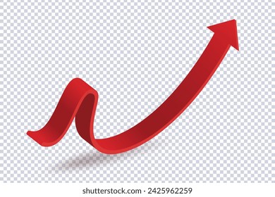 Abstrakter gebogener roter Pfeil. Marktbewegungen kreative Konzeptgrafiken, Infografiken. Roter Kurvenpfeil mit Schatten auf transparent. In: Trading Stock News Impulse. Realistisches 3D-Vektordesign des Trends