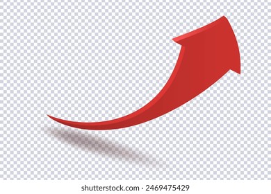 Abstract Curved Red Arrow. Market movements creative concept charts, infographics. Red curve arrow with shadow on transparent. Trading stock news impulses. Realistic 3d vector design of trend
