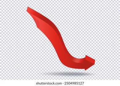 Abstract Curved Red Arrow. Market movements creative concept charts, infographics. Red curve arrow with shadow on transparent. Trading stock news impulses. Realistic 3d vector design of trend
