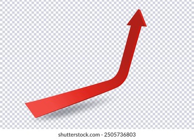 Abstract Curved Red Arrow. Market movements creative concept charts, infographics. Red curve arrow with shadow on transparent. Trading stock news impulses. Realistic 3d vector design of trend