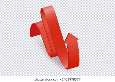 Abstract Curved Red Arrow with shadow on transparent. Market movements creative concept charts, infographics. Trading stock news impulses. 3d vector