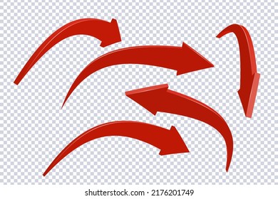 Abstract Curved Red Arrows. Market movements creative concept charts, infographics.Red curve arrow of trend on transparent. Trading stock news impulses. Realistic 3d vector design