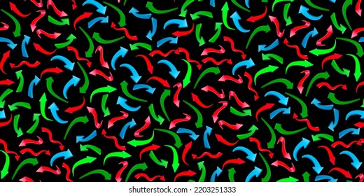 Abstract curved red blue green arrows on black. Market movements creative concept charts, infographics. Trading stock news impulses. Up and down trend. Trade infographic. Seamless 3d vector design