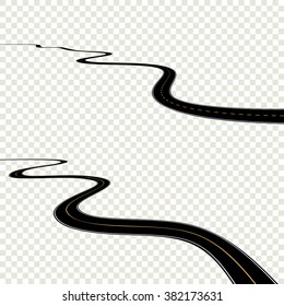 Abstract Curved Road Asphalt, Roads Isolated On Transparent Background, Winding Road Horizon, Long Road Map Turns. Black Roadmap Windings Set. Vector Roadtrip EPS10