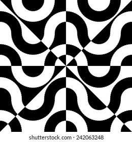 Abstract Curved Shapes. Vector Seamless Background. Regular Black and White Pattern
