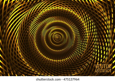 Abstract Curved Spiral Background. Dark Golden Metallic Rotating Hypnotic Pattern. Vector. 3d Illustration
