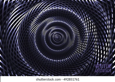 Abstract Curved Spiral Background. Dark Blue Metallic Rotating Hypnotic Pattern. Vector. 3d Illustration