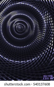 Abstract Curved Spiral Background. Dark Blue Metallic Rotating Hypnotic Pattern. Vector. 3D Illustration