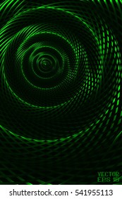 Abstract Curved Spiral Background. Dark Green Metallic Rotating Hypnotic Pattern. Vector. 3D Illustration