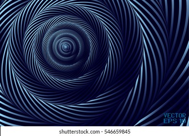 Abstract Curved Spiral Background. Dark Blue Metallic Rotating Hypnotic Pattern. Vector. 3D Illustration