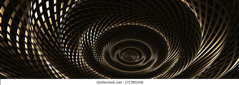 Abstract Curved Spiral Background. Yellow and Golden Metallic Rotating Hypnotic Pattern. Vector. 3D Illustration