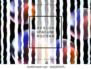 Abstract curved stripes background, colored transparent circles, spheres, decorative particles. Trendy hand-drawn texture. Modern template for your design. Vector illustration