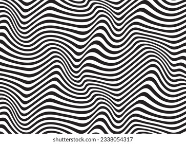 Abstract curved stripes background.  Vector seamless op art pattern with waving curling lines. Monochrome graphic black and white ornament. Striped repeating texture.