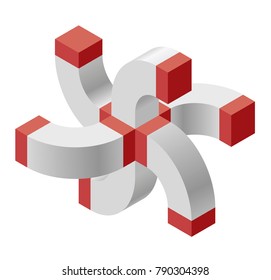 Abstract curved vector cross shape reminiscent of technological development, nanotechnology component. Red isometric brand of scientific institution, research center, laboratories, spatial paradox.