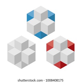 Abstract curved vector shape reminiscent of technological development, nanotechnology component. Isometric brand of scientific institution, research center, laboratories, spatial paradox.