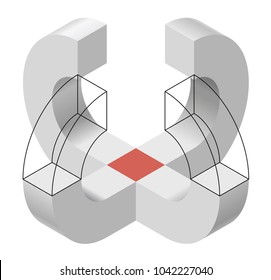 Abstract curved vector shape reminiscent of technological development, nanotechnology component. Isometric brand of scientific institution, research center, laboratories, spatial paradox.