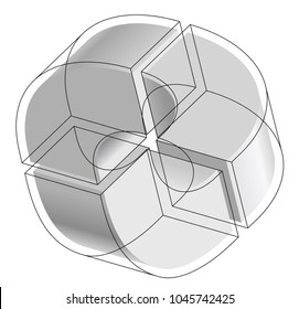 Abstract curved vector shape reminiscent of technological development, nanotechnology outlined component. Isometric brand of scientific institution, research center, laboratories, spatial paradox.