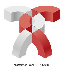 Abstract curved vector shape reminiscent of technological development, nanotechnology component. Isometric brand of scientific institution, research center, laboratories, spatial paradox