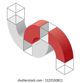 Abstract curved vector shape reminiscent of technological development, nanotechnology component. Isometric brand of scientific institution, research center, laboratories, spatial paradox