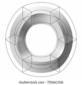 Abstract curved vector shape reminiscent of DNA strand, technological development, nanotechnology component. Isometric brand of scientific institution, research center, laboratories, spatial paradox.