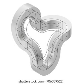 Abstract curved vector shape reminiscent of technological development, nanotechnology component. Isometric brand of scientific institution, research center, laboratories, spatial paradox.