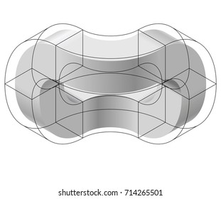 Abstract curved vector shape reminiscent of technological development, nanotechnology component. Isometric brand of scientific institution, research center, laboratories, spatial paradox.