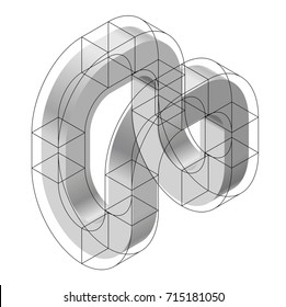 Abstract curved vector shape reminiscent of technological development, nanotechnology component. Isometric brand of scientific institution, research center, laboratories, spatial paradox.