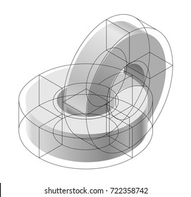 Abstract curved vector shape reminiscent of technological development, nanotechnology component. Isometric brand of scientific institution, research center, laboratories, spatial paradox.