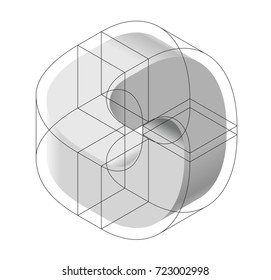 Abstract curved vector shape reminiscent of technological development, nanotechnology component. Isometric brand of scientific institution, research center, laboratories, spatial paradox.