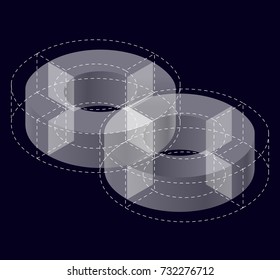 Abstract curved vector shape reminiscent of technological development, nanotechnology component. Isometric brand of scientific institution, research center, laboratories, spatial paradox on black.