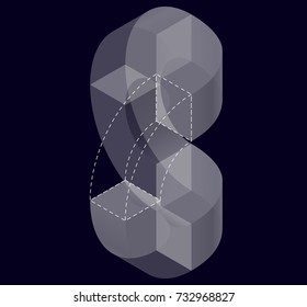 Abstract curved vector shape reminiscent of technological development, nanotechnology component. Isometric brand of scientific institution, research center, laboratories, spatial paradox on black.