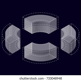 Abstract curved vector shape reminiscent of technological development, nanotechnology component. Isometric brand of scientific institution, research center, laboratories, spatial paradox on black.