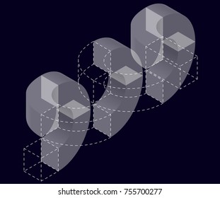 Abstract curved vector shape reminiscent of technological development, nanotechnology component. Isometric brand of scientific institution, research center, laboratories, spatial paradox on black.