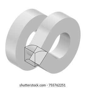 Abstract curved vector shape reminiscent of technological development, nanotechnology component. Isometric brand of scientific institution, research center, laboratories, spatial paradox.