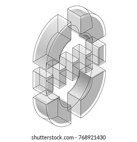 Abstract curved vector shape reminiscent of technological development, nanotechnology component. Isometric brand of scientific institution, research center, laboratories, spatial paradox.