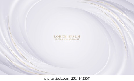 Abstract curved white and gray background has decorated golden lines and a sparkling light effect. Vector illustration