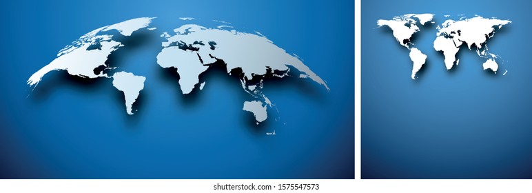 Abstract curved abstract world map with shadow on blue background. Vector bend illustration.
