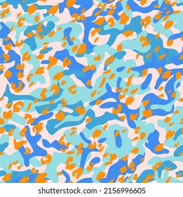 Abstract curves, wavy shapes seamless pattern in marine colors. Bold modern chaotic liquid forms background. Trendy print in modern style. Vector illustration for surface design, wallpaper, textile.