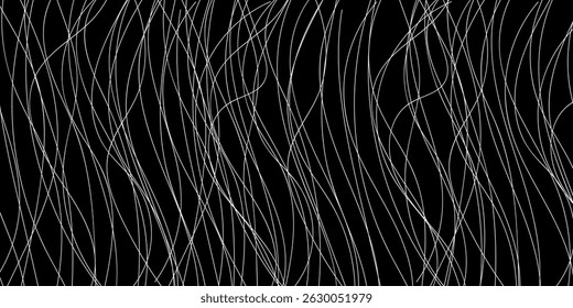 Abstract curving white strings flowing on a black background, seamless loop. Motion. Narrow bending lines, monochrome.