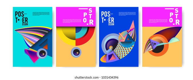 Abstract curvy and geometric colorful background for poster and cover design. Blue, yellow, red, orange, pink and green. Vector banner poster template in Eps10.