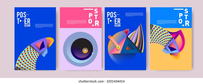 Abstract curvy and geometric colorful background for poster and cover design. Blue, yellow, red, orange, pink and green. Vector banner poster template in Eps10.