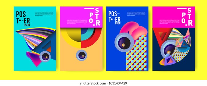 Abstract curvy and geometric colorful background for poster and cover design. Blue, yellow, red, orange, pink and green. Vector banner poster template in Eps10.