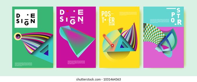 Abstract curvy and geometric colorful background for poster and cover design. Blue, yellow, red, orange, pink and green. Vector banner poster template in Eps10.